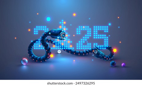 Robot snake with AI wrapped around number of new year 2025. Christmas and new year greeting card with robot snake, digits 2025 in digital computers electronics technology style. China zodiac snake.