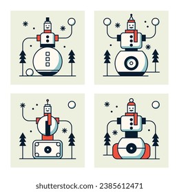 Robot snowman. A set of automated AI machines. Digital New Year 2024 concept. Flat vector illustration in retro style.