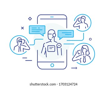 robot Social media vlog. Virtual communication smartphone. Cooperation interaction. Vector illustration Eps 10 file. Success, Cooperation. line icon illustration