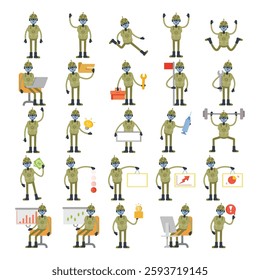 robot soldier characters in different poses illustration set