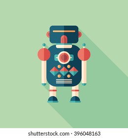 Robot soldier flat square icon with long shadows.
