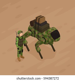 Robot soldier of khaki color with military freight and army fighter on sand background isometric vector illustration