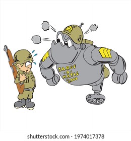 Robot soldier shouting on a afraid human soldier