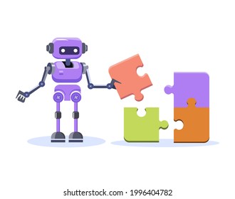 The robot solves a puzzle. Solving a logical problem. Technologies of automated solution search. Funny vector illustration on a white background.