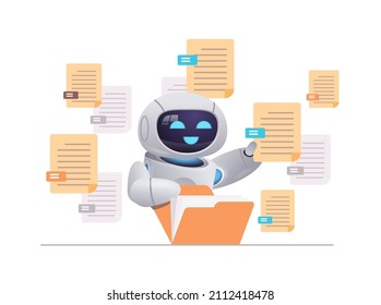 robot sorting documents robotic character organizing folder file management paperwork data archive artificial intelligence