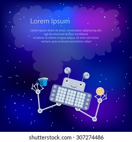 Robot in space drinking tea or coffee and eating cookie. Template for greeting card or flyer. With copy space 