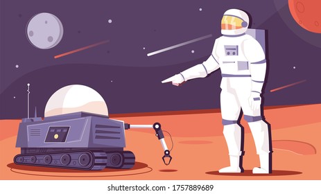 Robot space flat composition with extraterrestrial scenery and automated mars rover with astronaut character and stars vector illustration