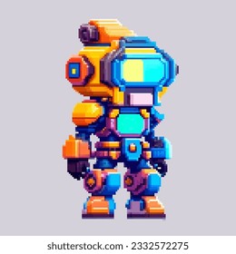Robot spaceman pixel art character for 8 bit game scenery arcade video game background