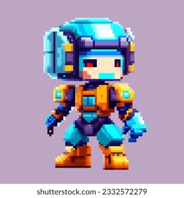 Robot spaceman pixel art character for 8 bit game scenery arcade video game background