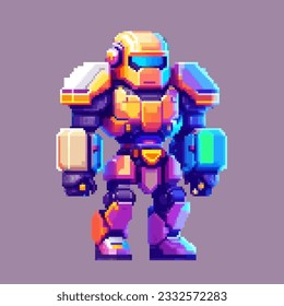 Robot spaceman pixel art character for 8 bit game scenery arcade video game background