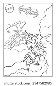 Robot and spaceships can be seen on a distant planet in a mountainous area. Black and white vector illustration for coloring book.