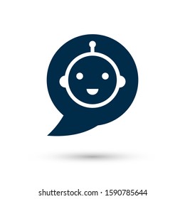 Robot speech bubble on white background. Cute robot icon in speech bubble. Support service bot. Vector illustration