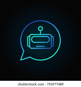 Robot in speech bubble vector blue icon or logo element in thin line style on dark background