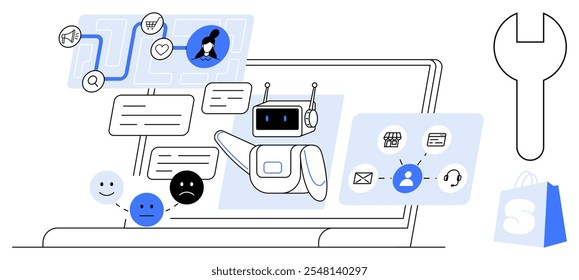 Robô com bolhas de fala no laptop com vários ícones para bate-papo. Ideal para atendimento ao cliente on-line, comércio eletrônico, tecnologia de IA, marketing digital, sistemas chatbot. Estilo de vetor minimalista