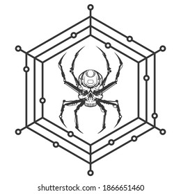 Robot spider with human skull head. Creative character design isolated on white background in hand drawn cartoon style. Futuristic technology concept for print, cover, tattoo. Vector illustration.