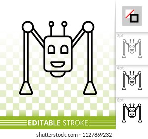 Robot spider thin line icon. Outline web sign of kids toy. Ai linear pictogram with different stroke width. Simple vector symbol, transparent background. Robot insect editable stroke icon without fill