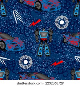 robot, sports car, grunge texture and geometric elements