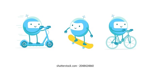 Robot sports entertainment set. Scooter bicycle and skateboard. Mascot character. Active lifestyle. Cartoon vector.