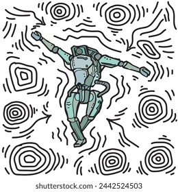 Robot with spread hands dancing original outline illustration. Isolated droid in some crazy pose pen drawing decoration detail. Modern humanoid machine simple having fun hand drawn silhouette logo.