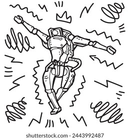 Robot with spread hands dancing original outline illustration. Isolated droid in some crazy pose pen drawing isolated decoration. Modern humanoid machine simple having fun hand drawn silhouette logo.