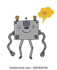 The robot is square. Bot tell. Artificial Intelligence. Future technologies. Metal characters. Robotization and automation of labor