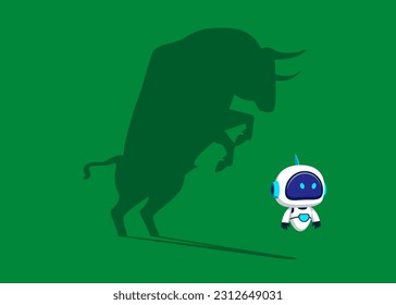 Robot standing bull shadow concept illustration. Trade exchange, green bull. Global economy boom. Flat vector illustration