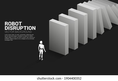 Robot standing at the end of domino collapse. Concept of artificial intelligence  industry disrupt 