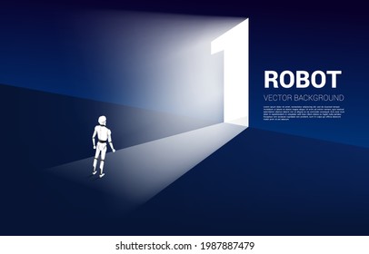 Robot standing in front of exit door number one. concept of artificial intelligence and machine learning worker technology.