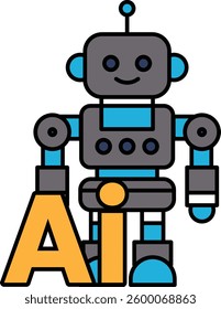 A robot is standing in front of the letter A. The robot is smiling and he is happy