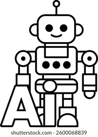 A robot is standing in front of the letter A In black and white line style