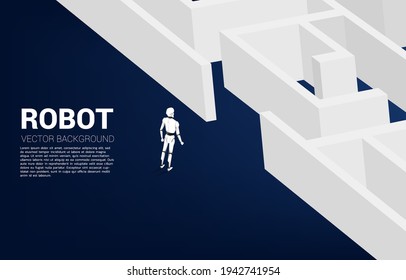 Robot standing in front of the maze. A.I concept for problem solving and finding idea.