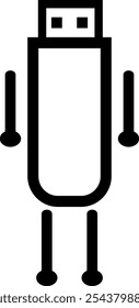 Um robô está parado na frente de um fundo branco. O robô segura uma unidade USB. A unidade USB é preta e retangular