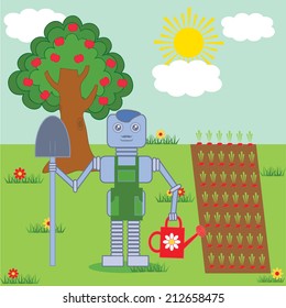 robot standing in the garden with shovel and watering pot