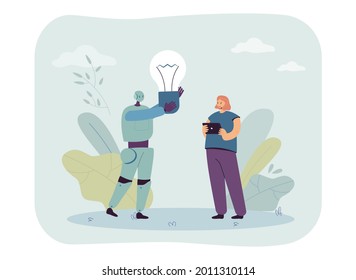 Robot standing with girl and holding light bulb. Cyborg generating creative ideas flat vector illustration. Artificial intelligence, cooperation concept for banner, website design or landing web page