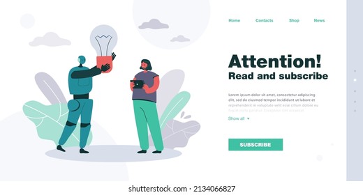 Robot standing with girl and holding light bulb. Cyborg generating creative ideas flat vector illustration. Artificial intelligence, cooperation concept for banner, website design or landing web page