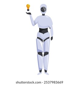Robot is standing and holding a light bulb, symbolizing an idea