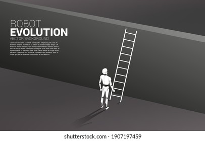 Robot standing  to move up on bar graph with ladder. concept of artificial intelligence and machine learning worker technology.