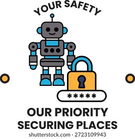 A robot is standing next to a lock and the words "Your Safety" are above it. The robot is smiling and the lock is open