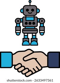 A robot is standing next to a person's hand, and the robot is smiling. Concept of collaboration and teamwork between humans and robots