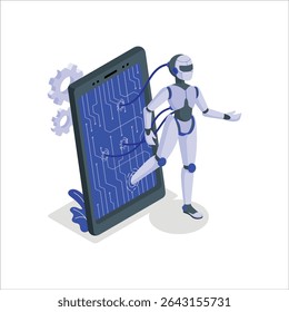 Un robot está de pie junto a un teléfono con una pantalla