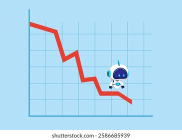 Robot standing on falling down red graph look for bottom. Economic recession, stock market falling down, financial crisis from inflation. 