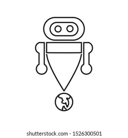 Robot standing on globe. Artificial intelligence or AI concept. Singularity. Outline thin line illustration. Isolated on white background. 