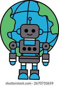 Un robot está parado en un globo terráqueo. El robot está sonriendo y él es feliz. El globo es blanco y negro