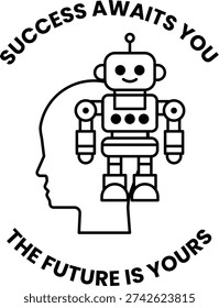 A robot is standing on a head with the words 