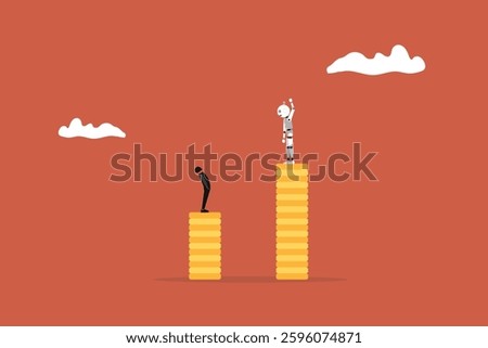 Robot standing on high salary coins tower with Businessman on low coins stack. Economic and technology inequality, rich and poor gap, unfairness income, different money