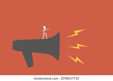 Robot standing on megaphone. concept of business communication, artificial intelligence robot technology in digital marketing and social media
