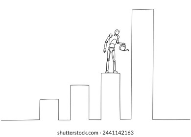 Robot standing on one of the blocks of varying heights. The robot is watering the tallest block like a tree plant. This visual conveys a sense of nurturing and development