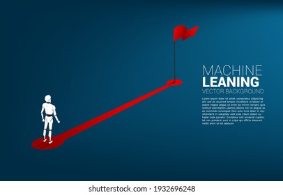 Robot standing on route to red flag. concept of artificial intelligence and machine learning worker technology