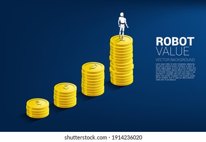 Robot standing on top of growth graph with stack of coin. concept of artificial intelligence and machine learning worker technology.