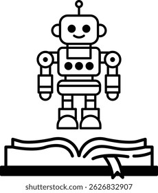 A robot is standing on top of an open book